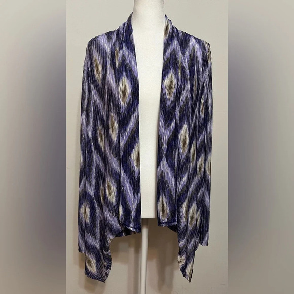 Chicos Open Cardigan Sweater Womens Large Purple Ikat Print Mesh - Picture 2 of 14